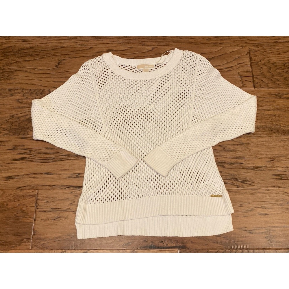 Michael Kors Women's White Open Knit Mesh Sweater Size Small Gold Pendant‎ Logo